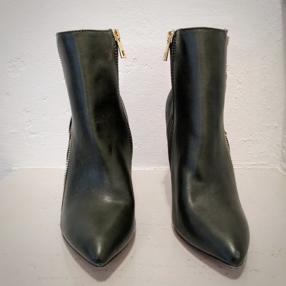 CATHERINE MALANDRINO Gold Stiletto Heel Zipper Detail Olive Green Ankle Boot Sz8 - Picture 4 of 12